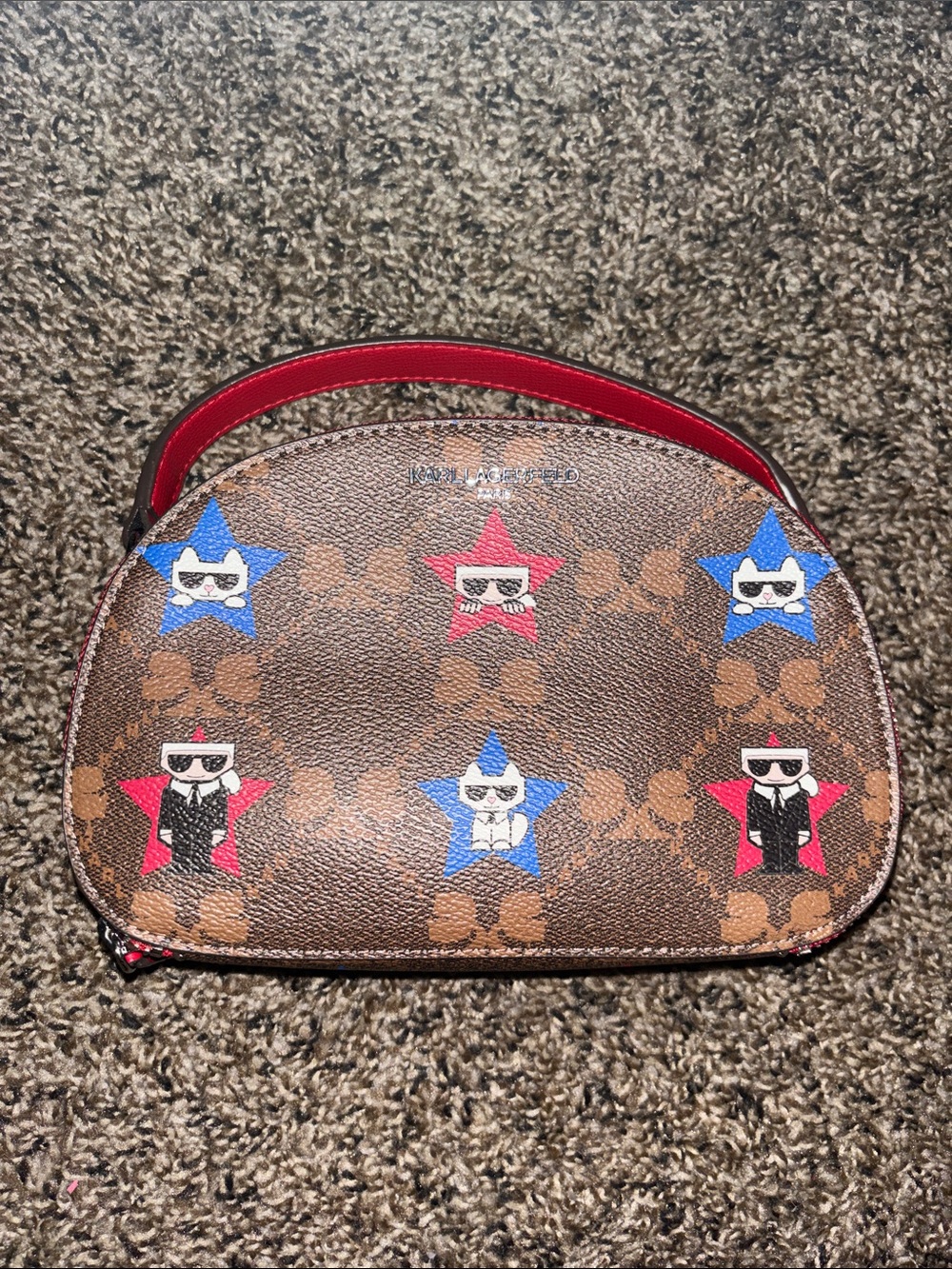 Karl Lagerfeld Brown Star Print Cosmetic Pouch with Red Trim